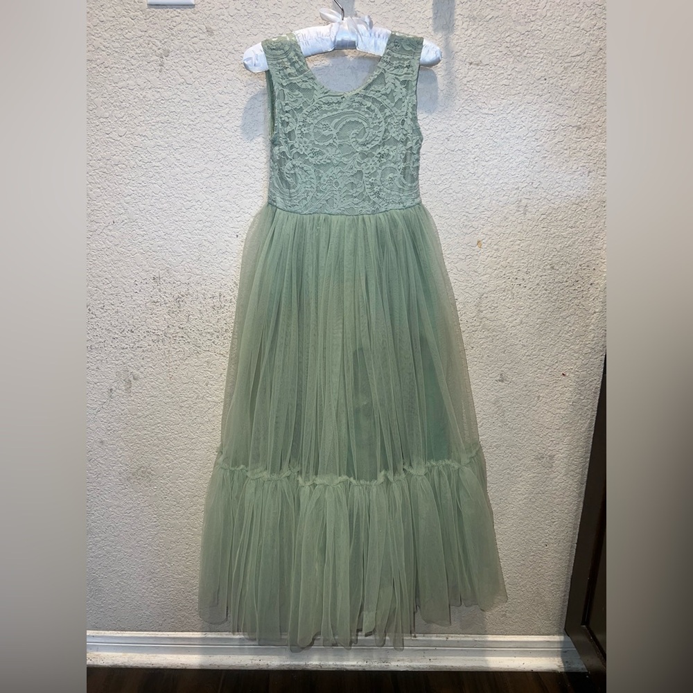 Charming Sage Green Lace Kids Dress